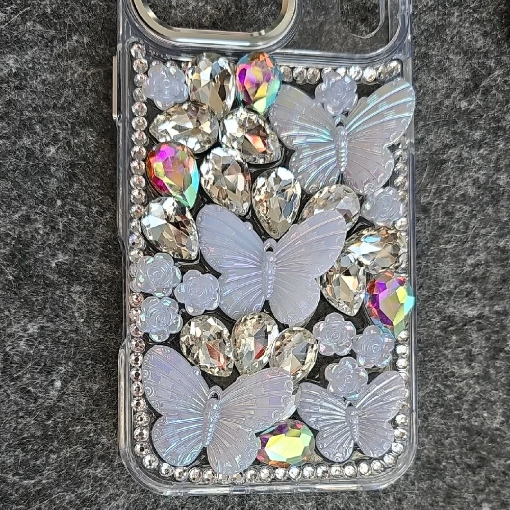Case for iPhone 17 Pro Max - Silver Rhinestones and Butterflies